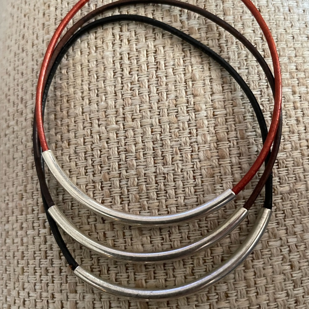 Set of Three Leather and silver bracelets